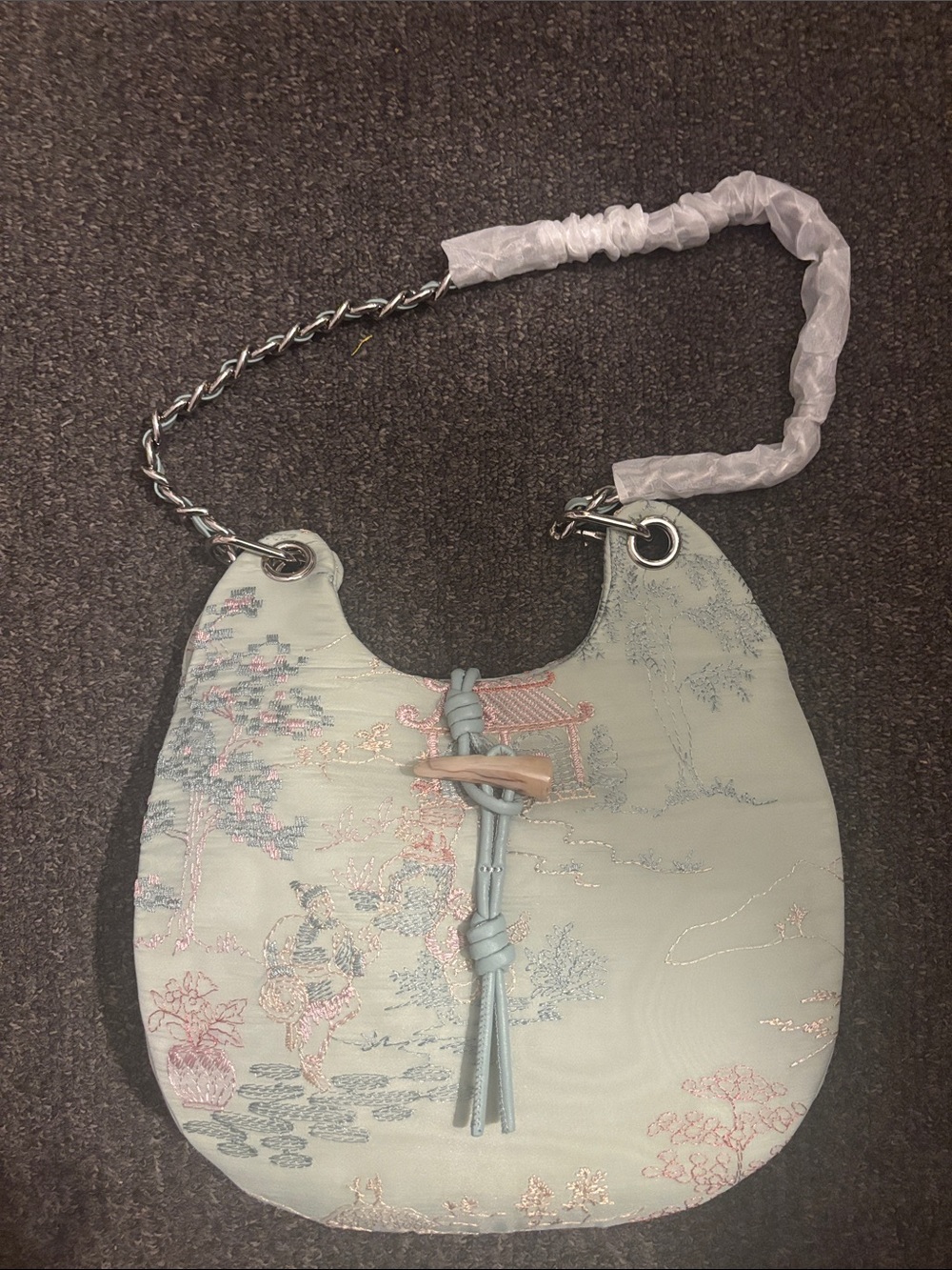 Pastel Blue Embroidered Oriental Scene Shoulder Bag elegant green w/ liner bag